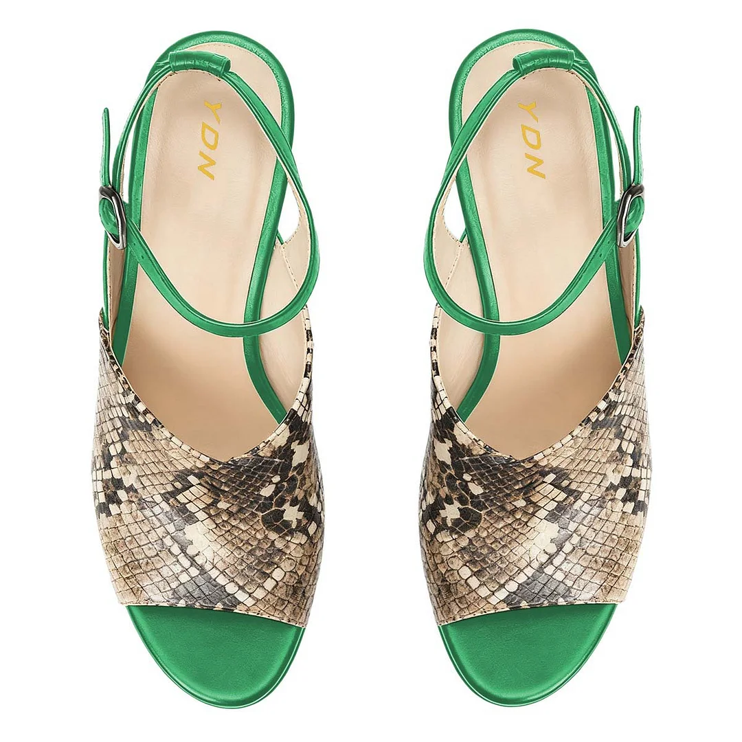 Embossed Snakeskin Pattern Platform Heeled Green Summer Sandals