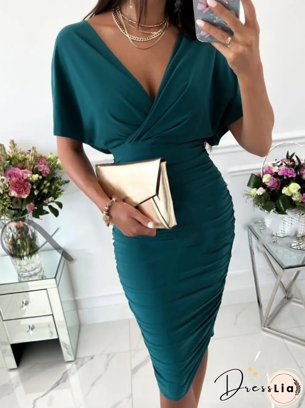 Summer Elegant Short Sleeve Chic V-Neck Mid Length Dress Lady Sexy Solid Tight Party Dress Fashion Temperament Slim Office Dress
