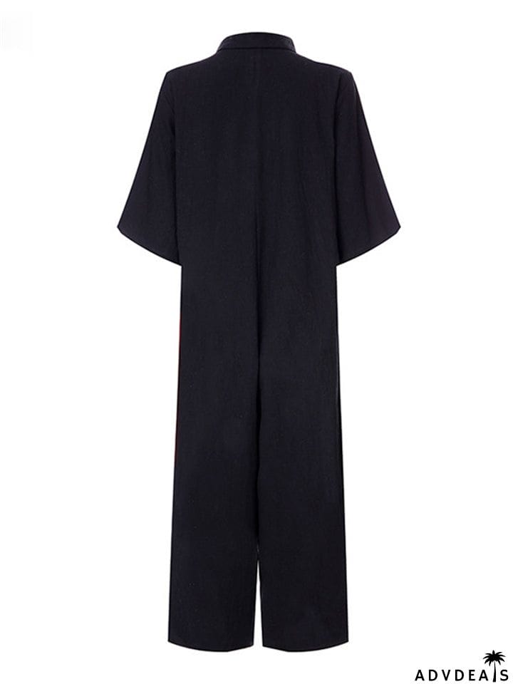 Straight Silhouette Spread Collar Soft Cotton Front Button Cropped Jumpsuit