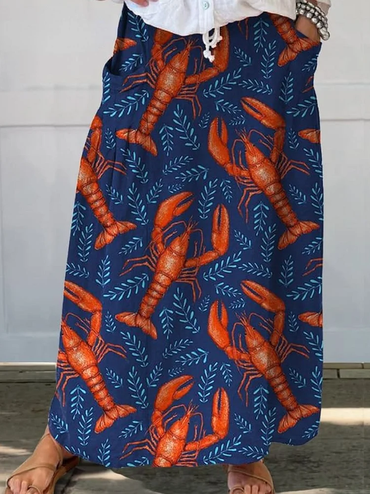 Red Lobster Repeat Pattern Printed Women's Linen Pocket Skirt