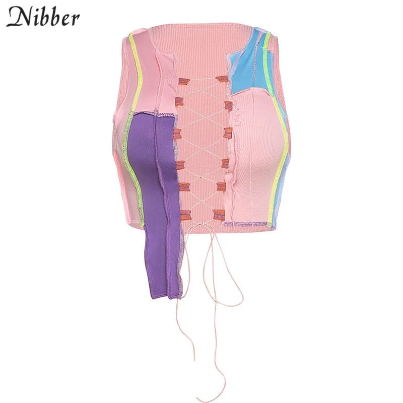 Nibber sexy hollow out camisole women Punk style Ribbed knitting crop tops club party wear Colorful tank top bandage vest female