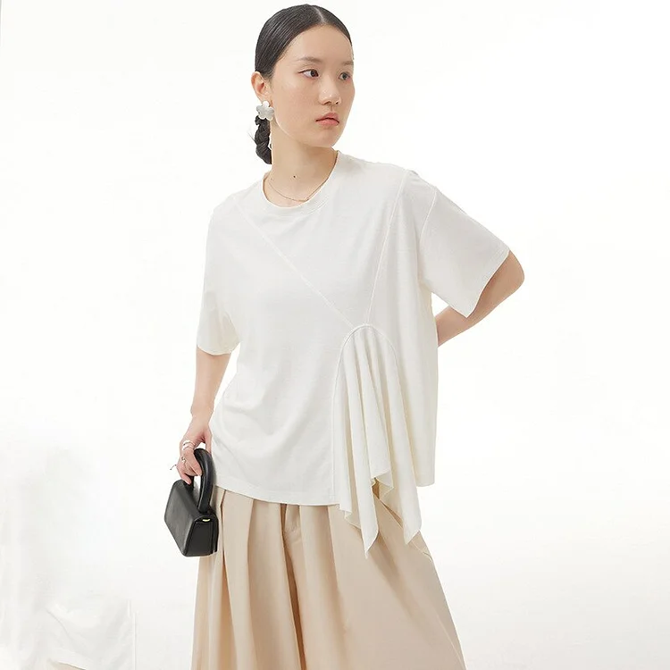 Elegant Solid Color O-neck Splicing Ruffle Asymmetric Hem Short Sleeve T-shirt