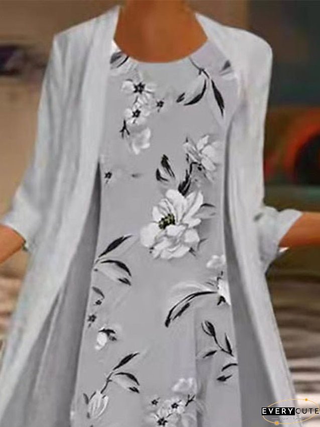 Dress Set Two Piece Dress Chiffon Dress Midi Dress Gray 3/4 Length Sleeve Floral Chiffon Summer Spring Crew Neck Stylish Loose Fit S M L XL XXL for Women