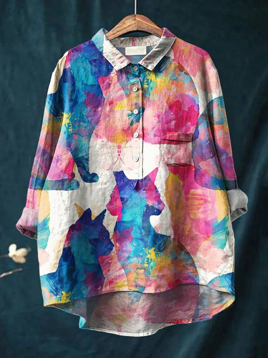 Women's Fantastic Watercolor Cats Print Casual Cotton And Linen Shirt