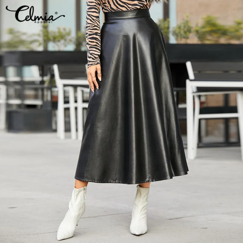 2022 Celmia Winter PU Leather Skirts Women Elegant OL Solid Office Retro Midi Skirts Oversized Party Skirt High Waist Midi Skirt