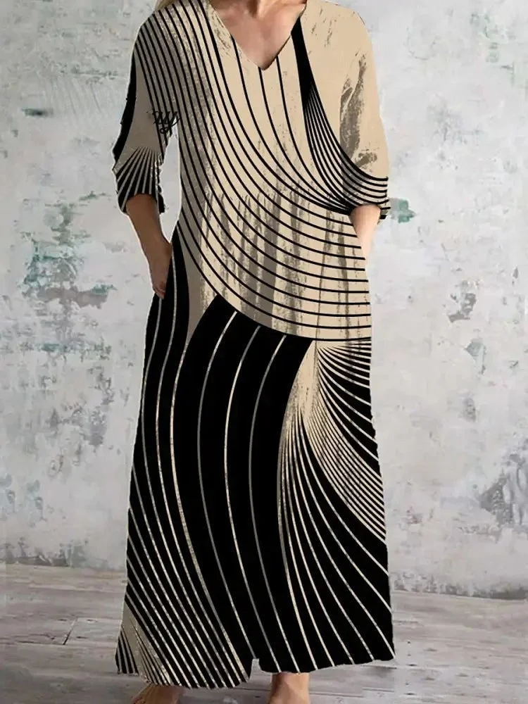 Vintage Stripe Art Print Chic V-Neck Three-Quarter Sleeves Elegant Midi Dress
