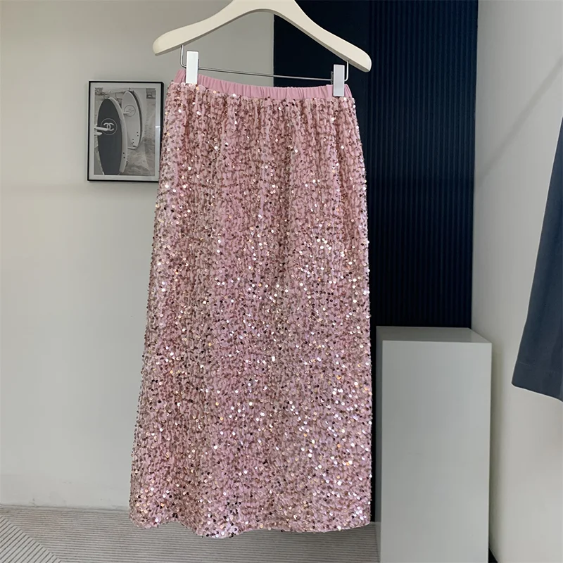 Cartoonh Autumn Black Chicly Sequin Simple Female Skirts High Waist Office Ladies Solid Color Casual Fashion A-line Women Skirts