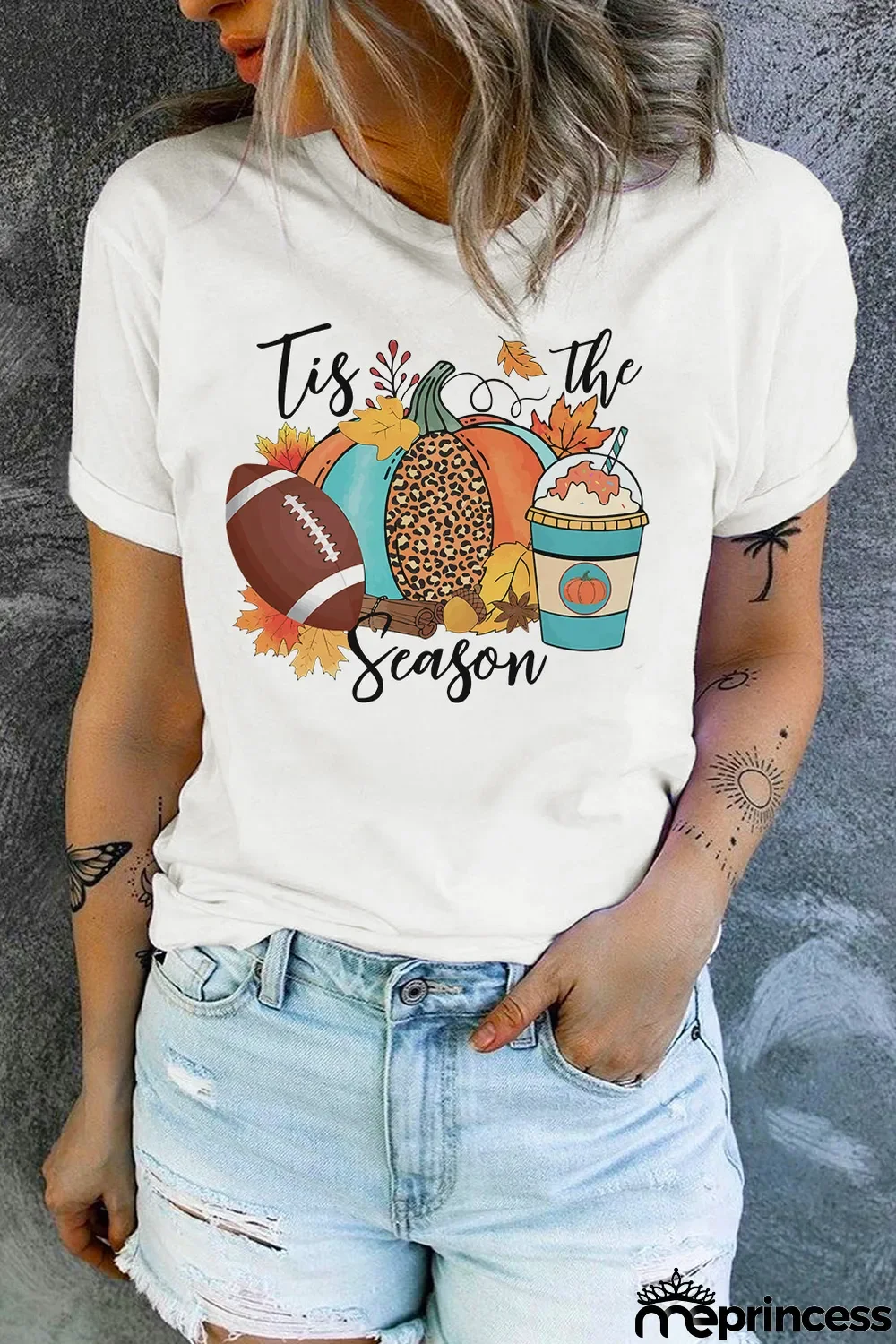 White Tis The Season Pumpkin Graphic Print Crew Neck T Shirt