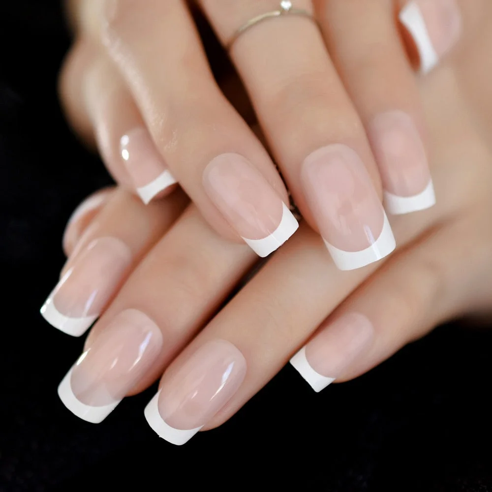 French Square Nails Round Natural Designed Nails Classical Nude Full-cover Nails Daily Wear Flase Nails Fingernails White Edge