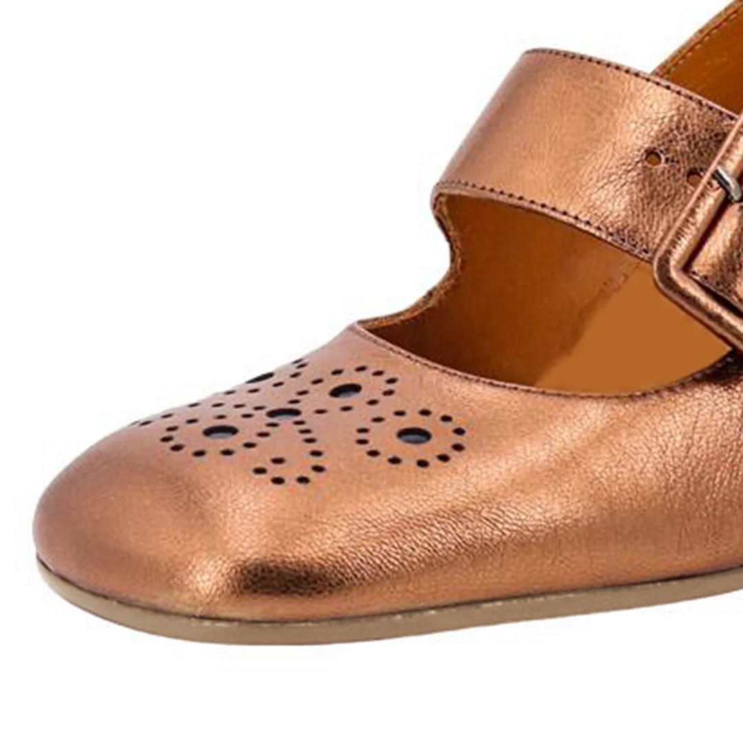 Bronze Metallic Touch Vegan Leather Square Toe Block Heel Mary Janes