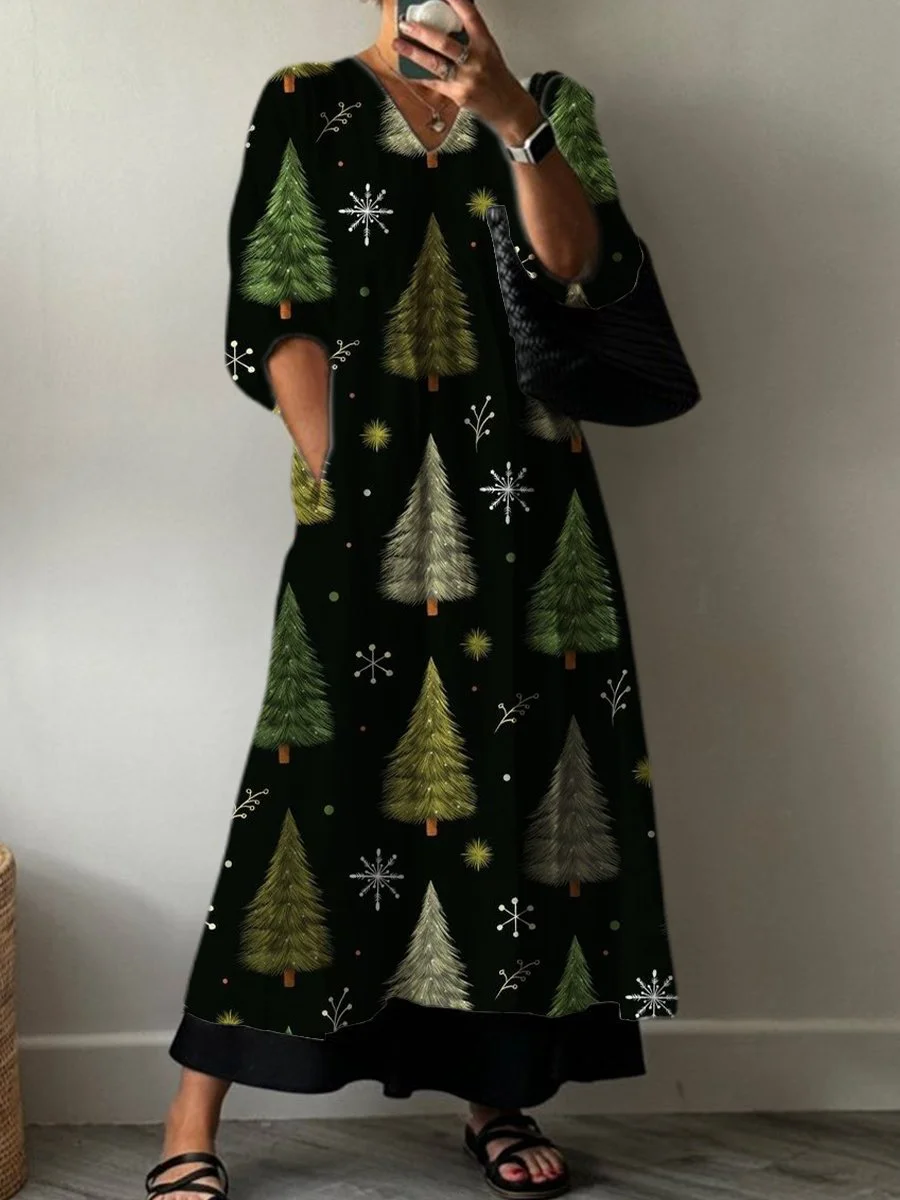 Women's Christmas Tree Vintage Print Pocket V-neck Cotton Dress