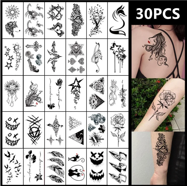 30pcs Black Fake Tattoo Stickers for Men Women Arm Body Arm Art Grimace Feather Temporary Tattos Waterproof Dark Tatoos Dacals