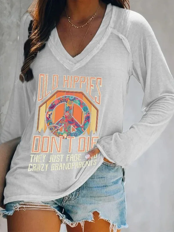 Women's Old Hippies Don't Die Creative Print V-Neck T-Shirt