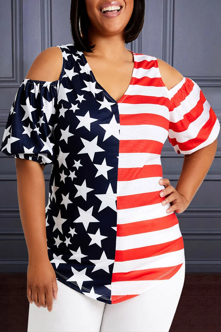 Plus Size Blue Daily Independence Day Stars Striped Print Patchwork Cold Shoulder Blouse
