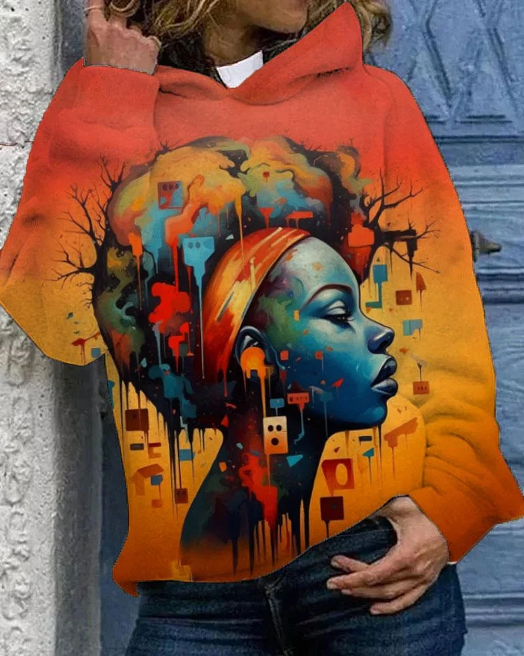 Women's Oil Painting Art Retro Colorful Side Face Long Sleeve Hoodie