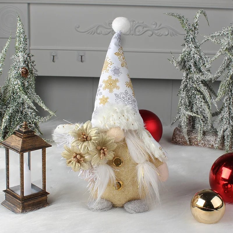 Gold and silver knitted doll with flowers without face Creative standing Dwarf Santa Claus figure tabletop decoration