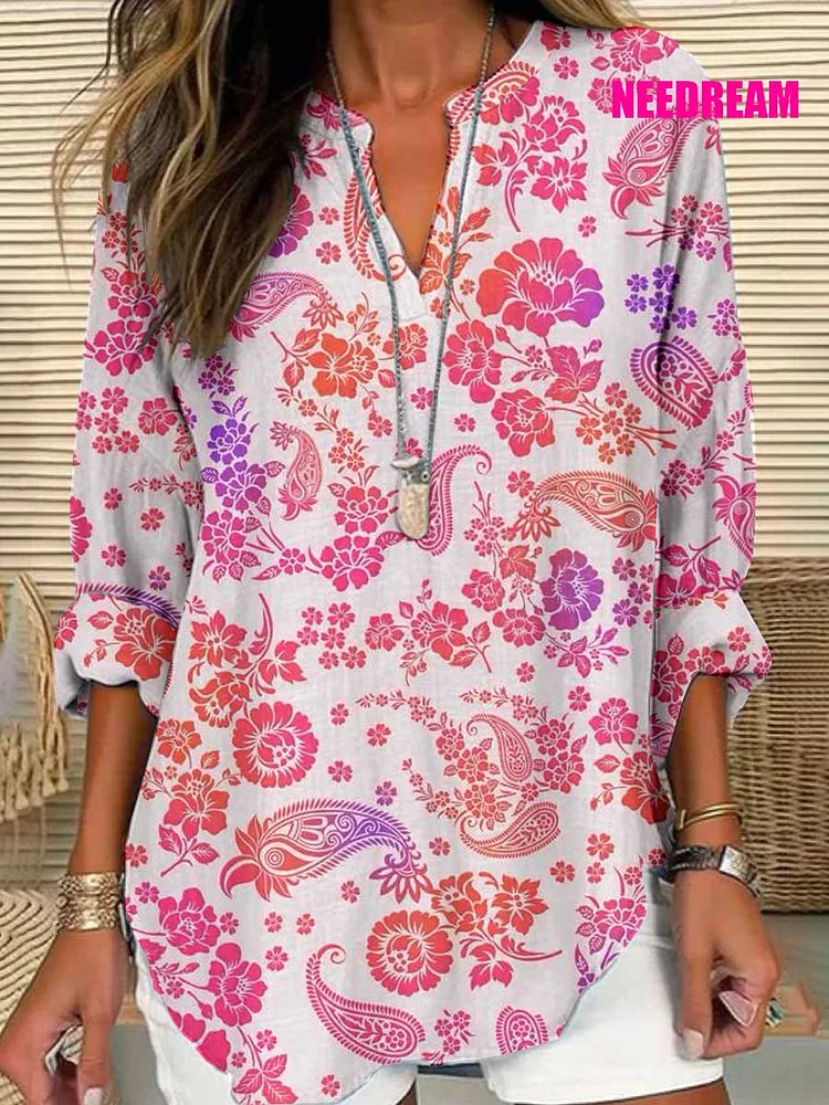 Womens Elegant Floral Pattern Cotton Long Sleeve Crew Neck Shirt 