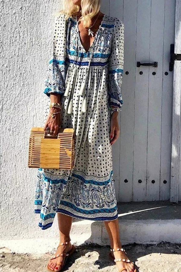 V-neck Ethnic Print Long-sleeved Holiday Midi Dress