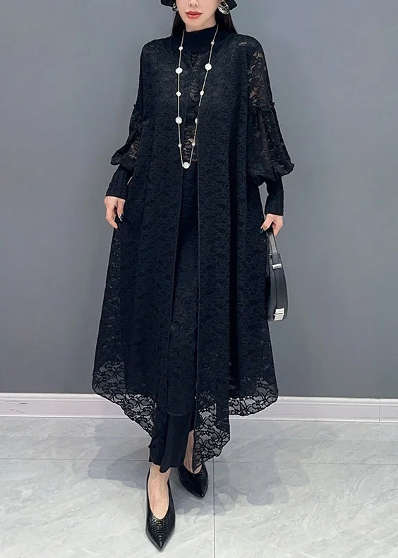 Black Knit Patchwork Lace Long Dress Asymmetrical Long Sleeve