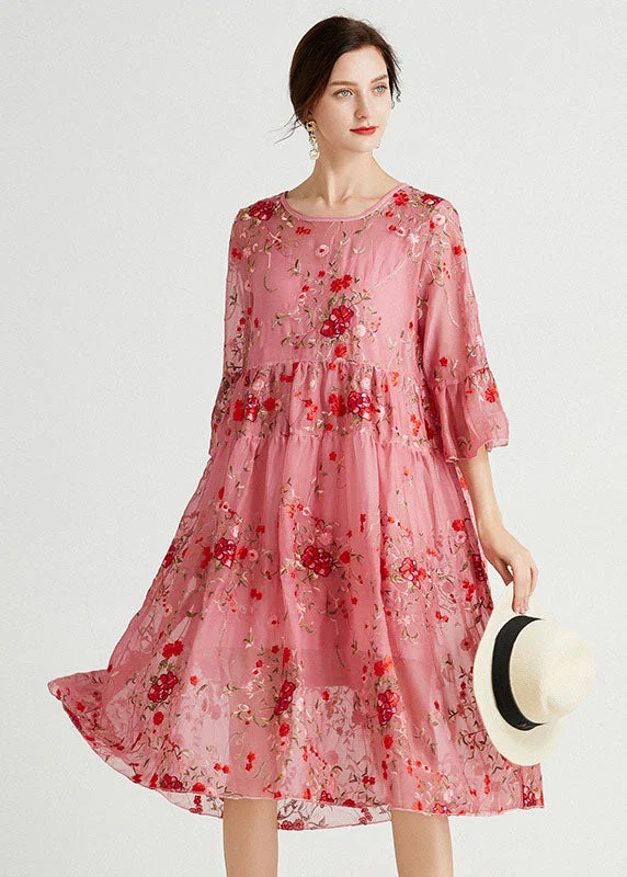 Women Pink O-Neck Embroideried Lace Dresses Two Piece Set Summer