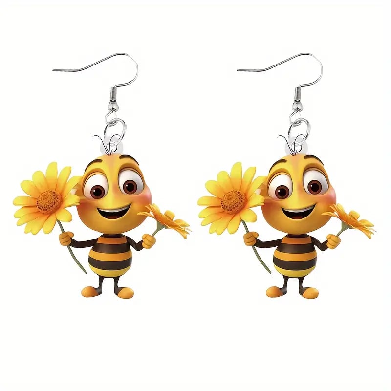 Cute Sunflower & Bee Acrylic Earrings - tree - Codlins