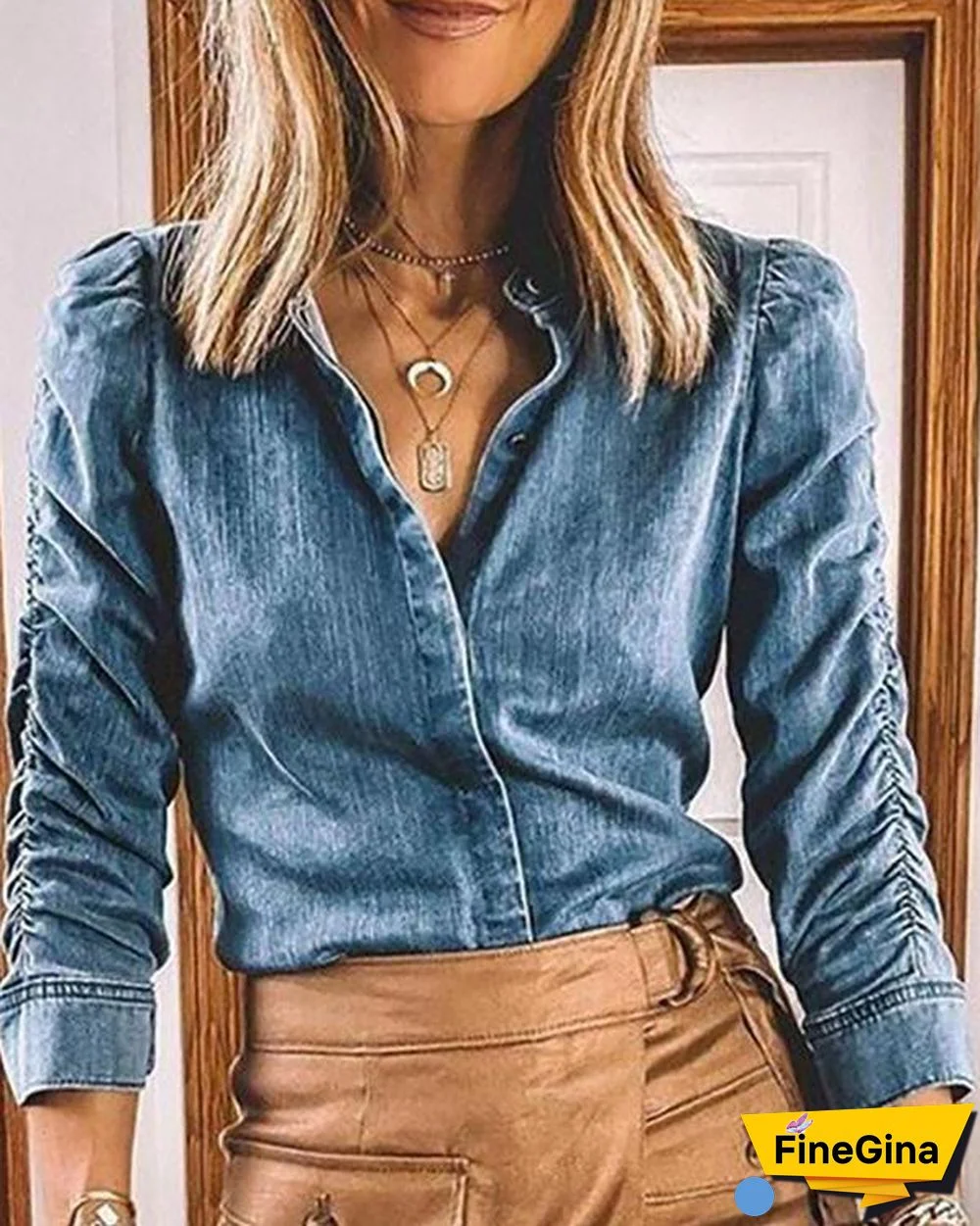 Pleated Sleeve V Neck Denim Shirt