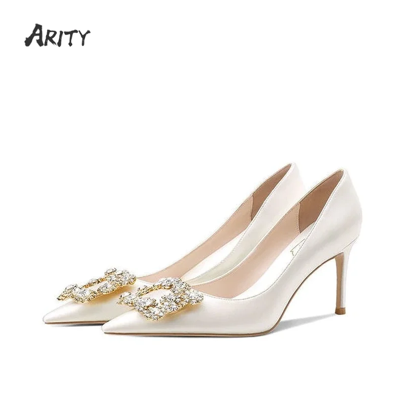 Qengg Women White Bridal Wedding Shoes Faux Silk Satin Rhinestone Square Button Crystal Shallow Woman Pumps Stiletto High Heels