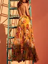 Floral-Print Backless Bandage Bohemia Pleated Maxi Dress