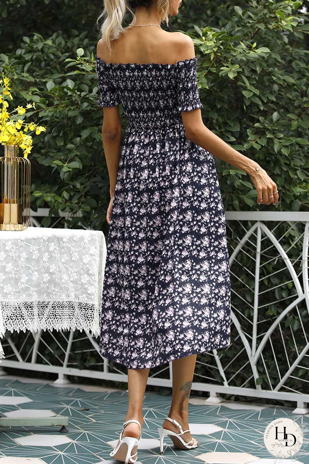 Elegant Floral Split Joint Off the Shoulder A Line Dresses