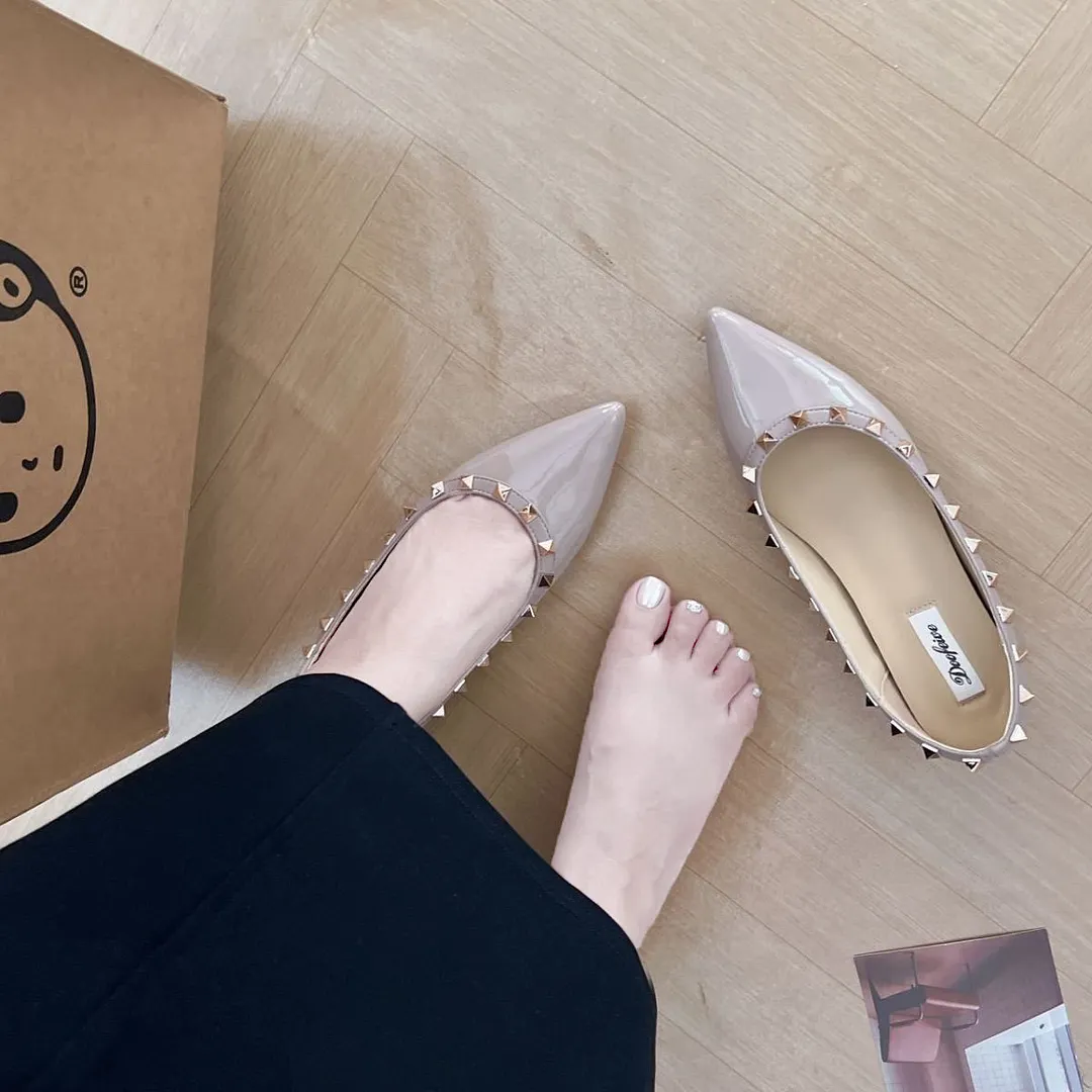 Breakj Breakj Rivet Single Shoes Fender French Temperament Piercing Wearing Willow Dingy Shoes Evening Evening Wind Gentle Nude Flat Shoes Women