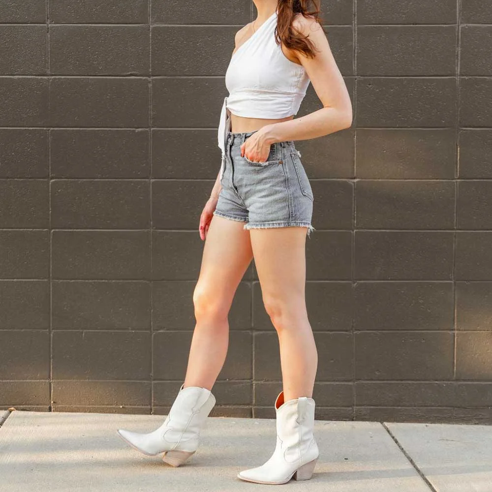 Chunky Heel Pointed Toe Mid Calf White Western Boots for Women