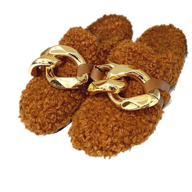 Women's Slippers Furry Fur Closed Toe Metal Chain Mules Shoes