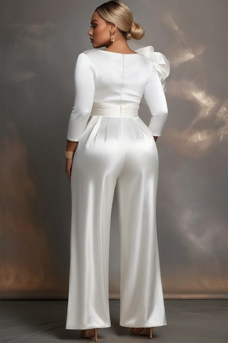 Xpluswear Design Plus Size Wedding White Elegant V Neck Long Sleeve Pocket 3D Satin Jumpsuits