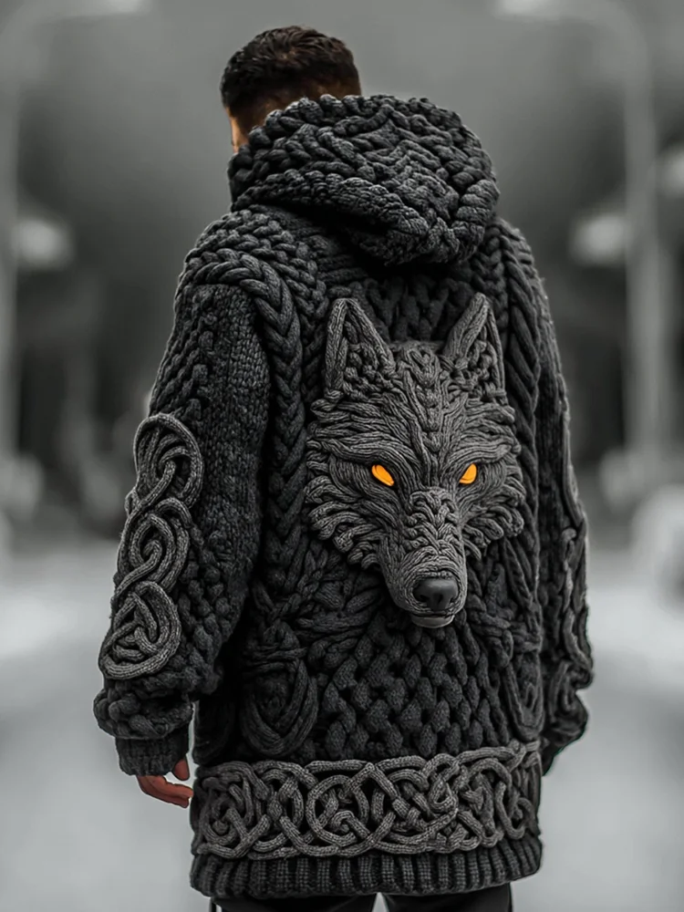 Dravoks Men's Viking Celtic Knot Wolf Jacquard Knit Hooded Zipper