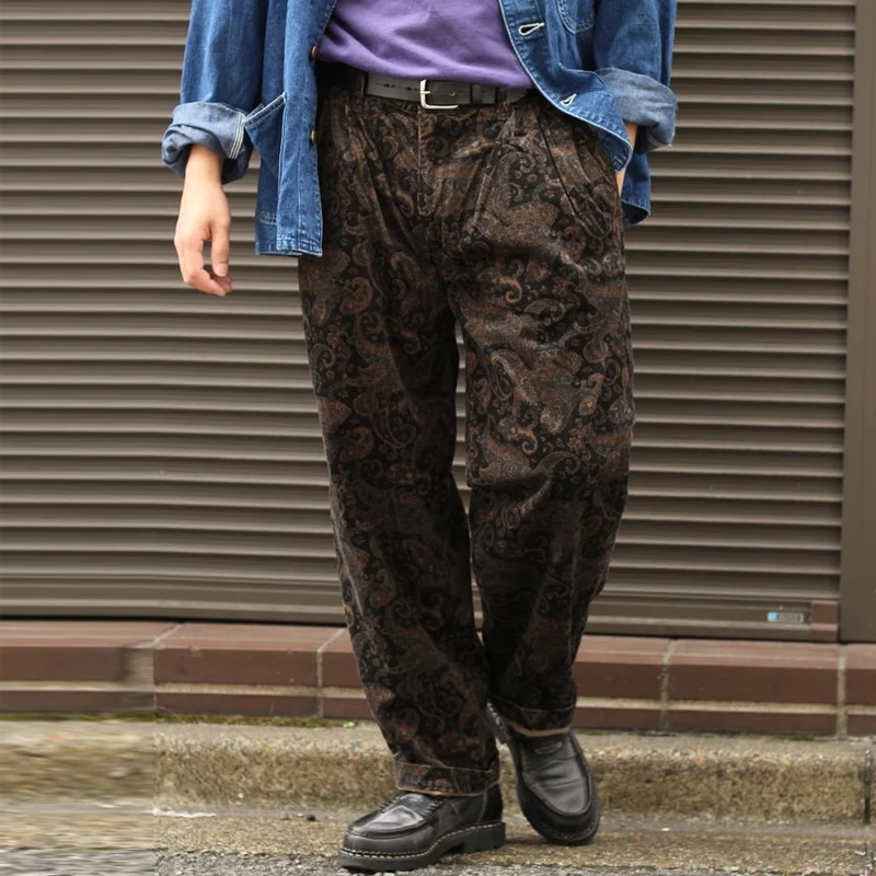 Paisley-print Corduroy Pleated Straight-leg Pants
