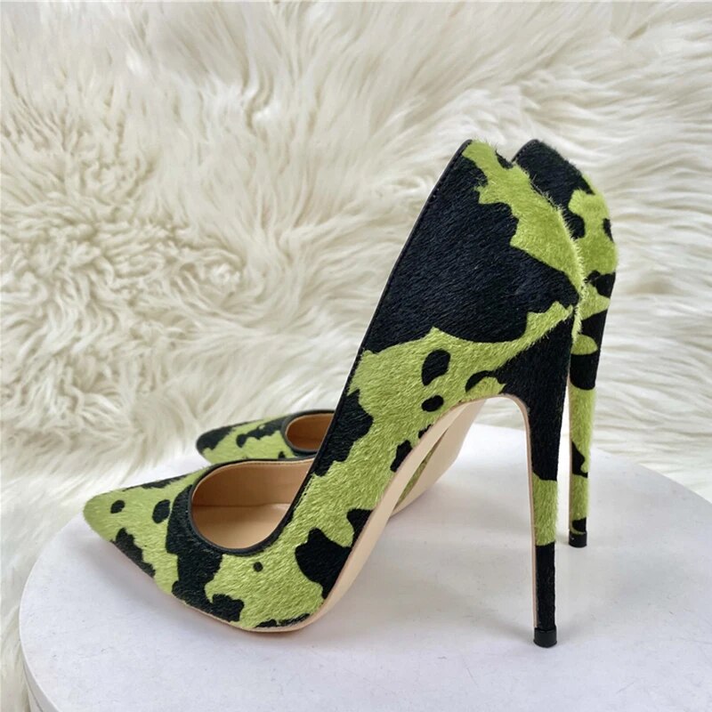 Hairy Grafitti Pattern Women Green Pointy Toe High Heel Shoes Unique Stiletto Pumps