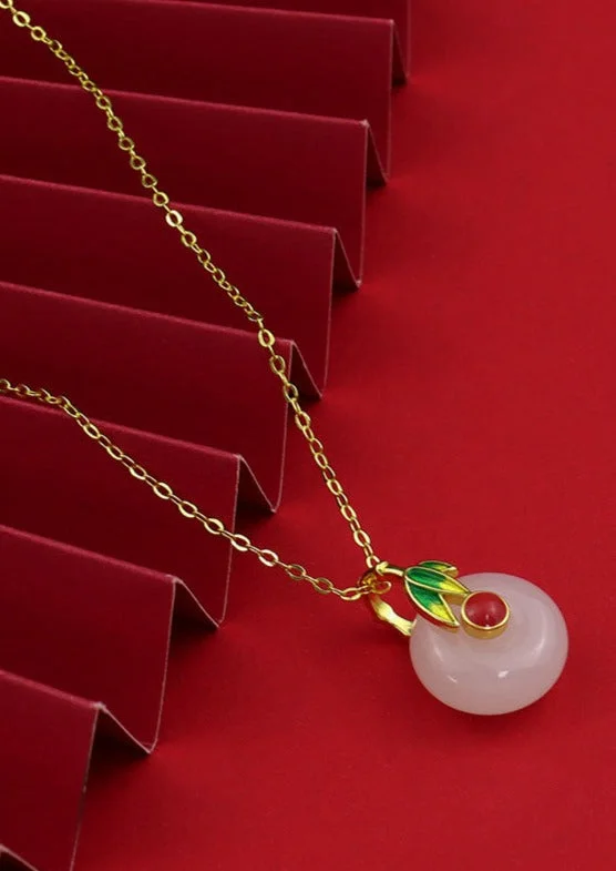 Boho White Sterling Silver Enamel Jade Pendant Necklace
