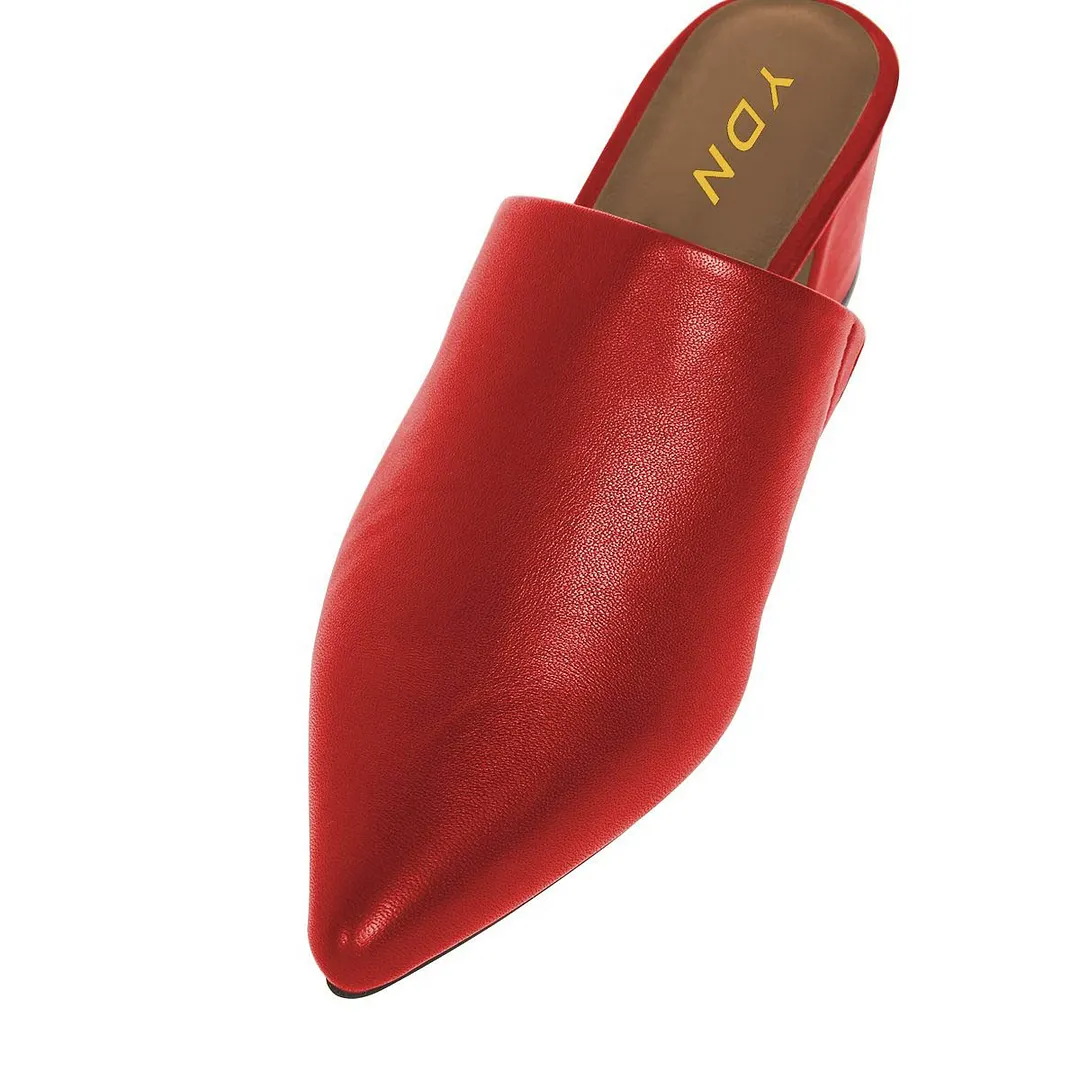 YDN Red Pointed Toe Slip On Mule Shoes for Women with Chunky Heel