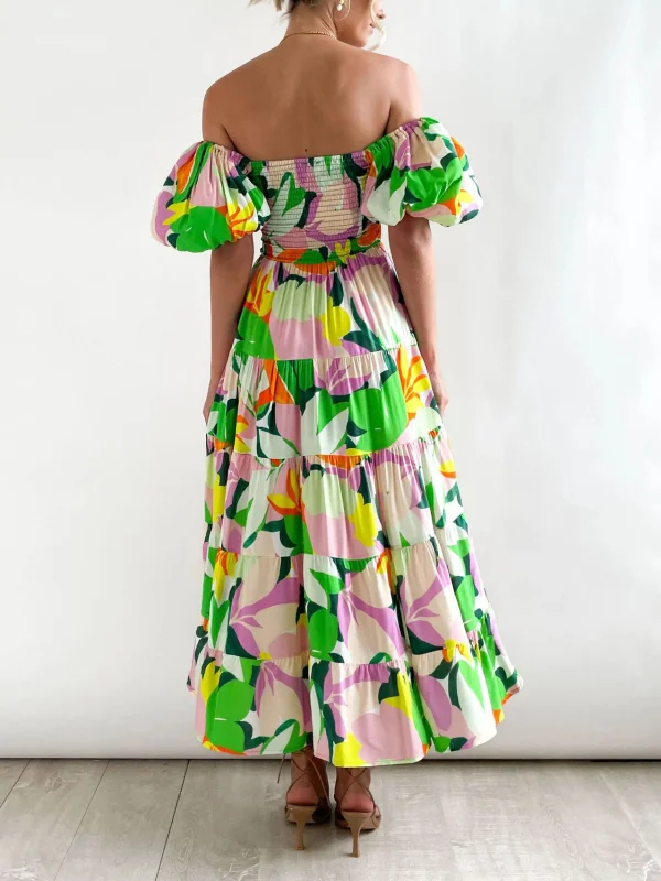 Floral Print Bubble Sleeve Long Maxi Dress