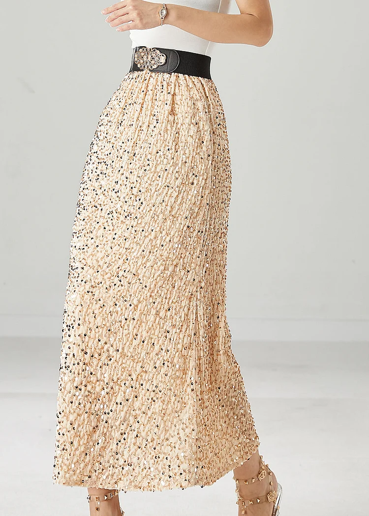 Modern Beige Sequins Elastic Waist Silk Velour Skirt Fall
