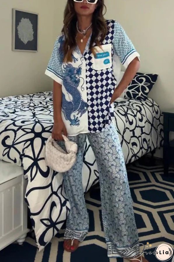 Unique Dragon Print Short Sleeve Loose Shirt and Elastic Waist Pocket Pants Set