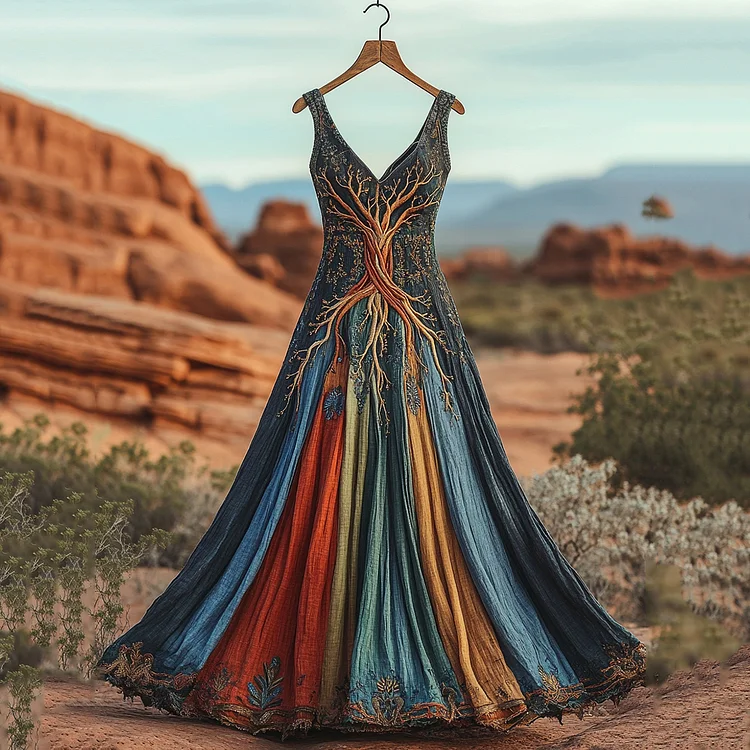 Women's Vintage Viking Tree Of Life Celtic Knot Colorful Patchwork Art Linen Vest Dress