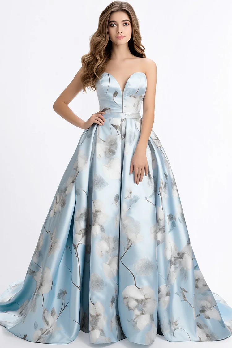 Zaruci Prom Sky Blue Satin Floral Print Strapless Maxi Dress [Pre-Order]