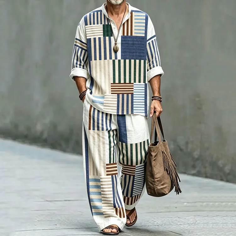 Men's Vintage Striped Art Print Shirt And Pants Two Piece Set