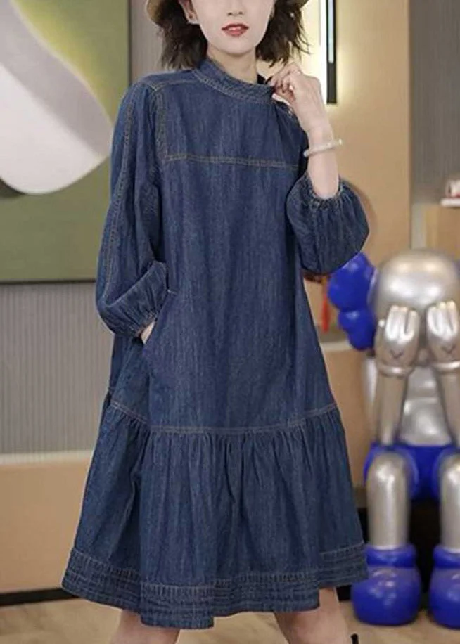 Plus Size Blue Patchwork Wrinkled Denim Mid Dresses Long Sleeve