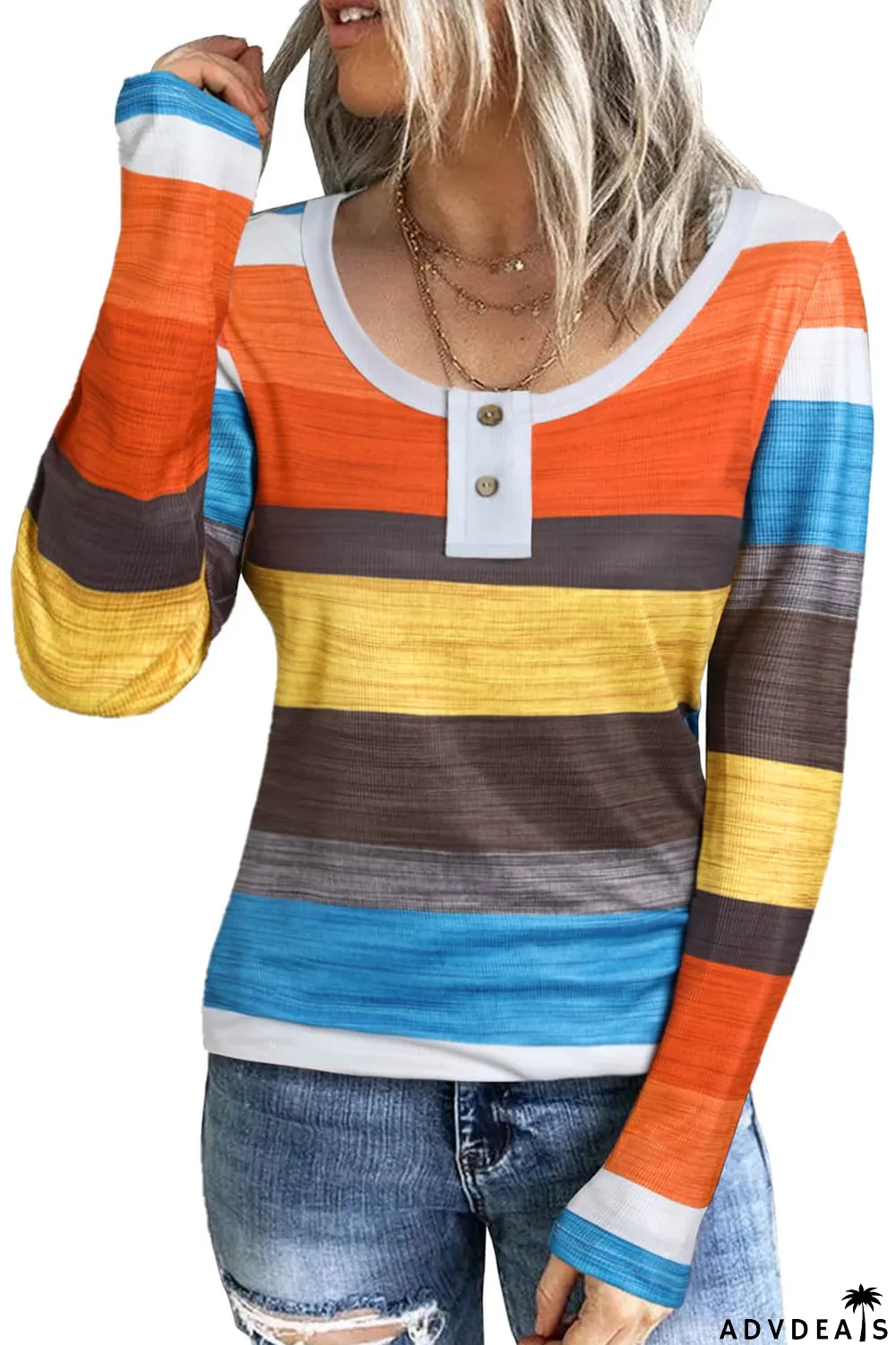 Stripe Multicolor Knit Button Notched Neck Top