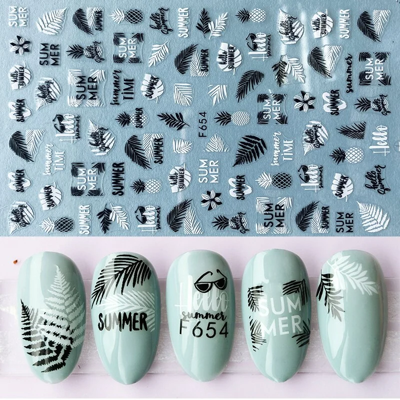 1pcs Black Gold Sping Leaves 3D Nail Sticker Coconut Tree Leaf Pattern Adhesive Transfer Decals Shiny DIY Nail Decoration