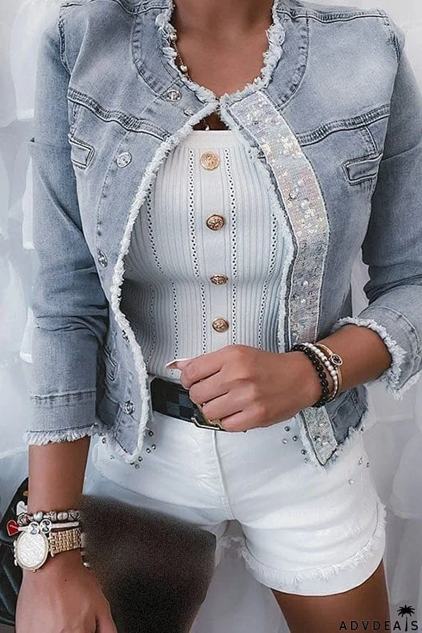 Solid Sequin Trench Denim Jacket