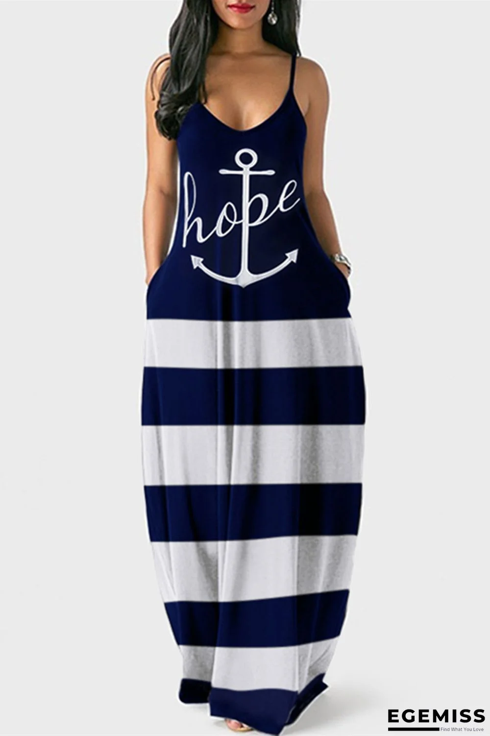 Blue White Fashion Sexy Print Backless Spaghetti Strap Long Dress | EGEMISS