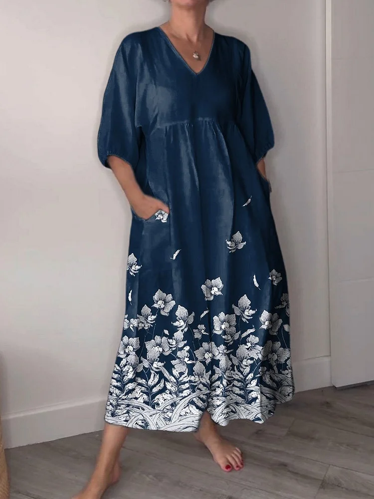 Vintage Meadows Floral Pattern Printed Women's Pocket V-Neck Cotton Dress